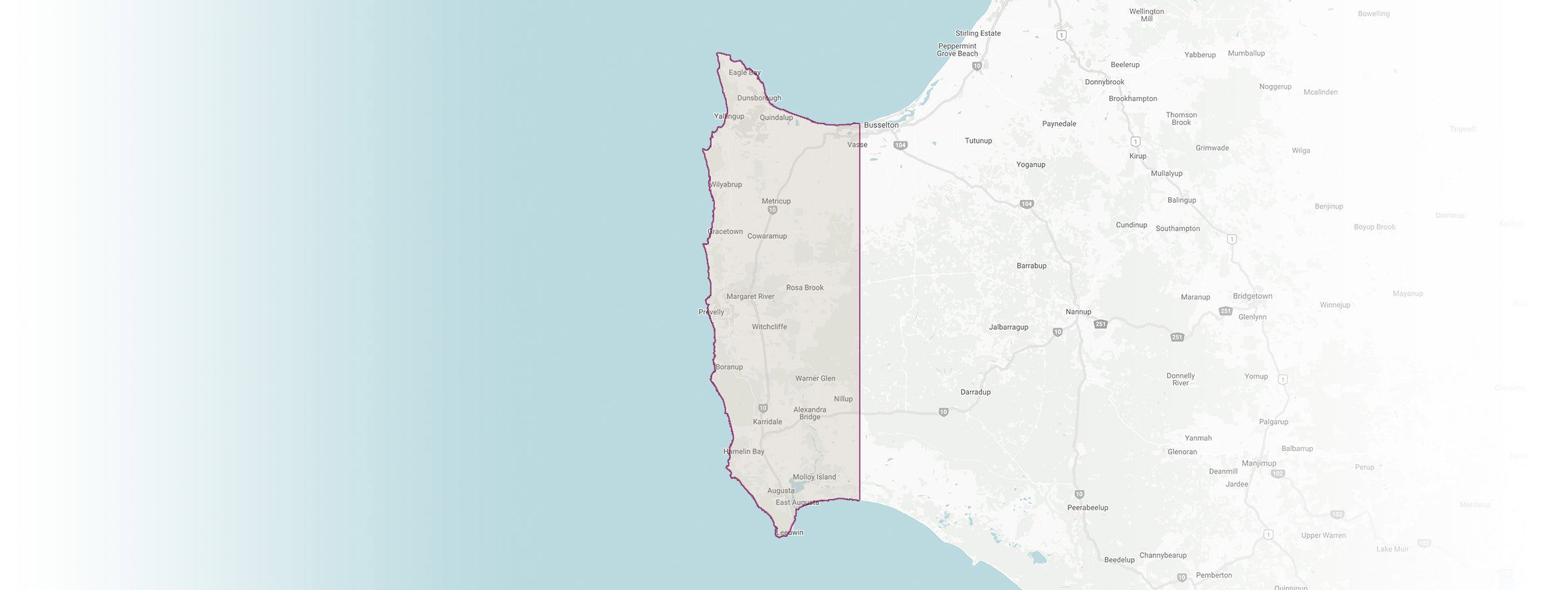 Map highlighting the Margaret River wine region