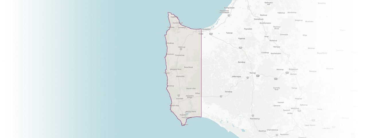 Map highlighting the Margaret River wine region