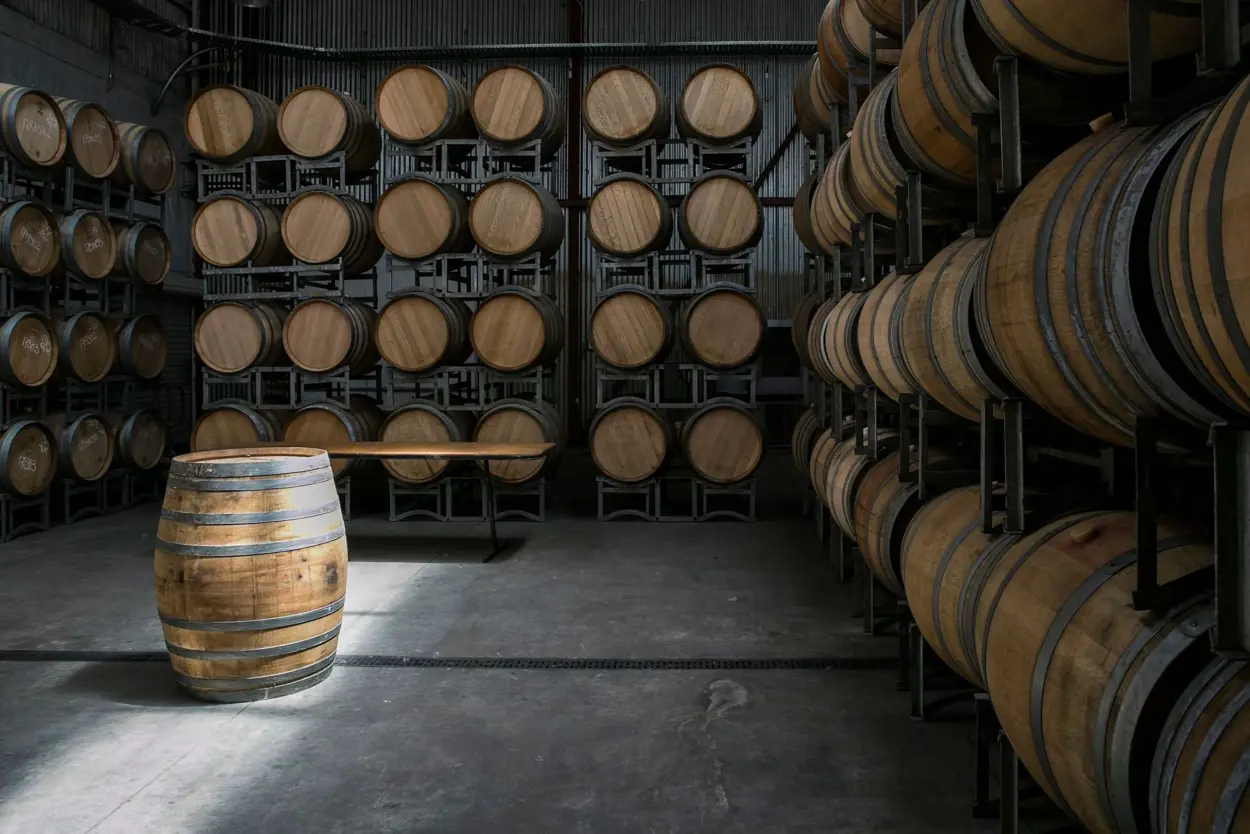 a room with barrels stacked on shelves