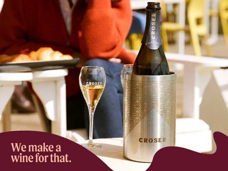 a bottle of wine in a cooler and a glass of wine