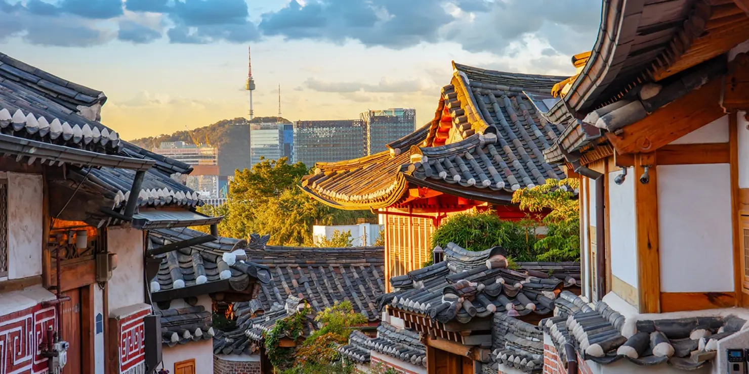Rooftops of a building with trees and a city in the background