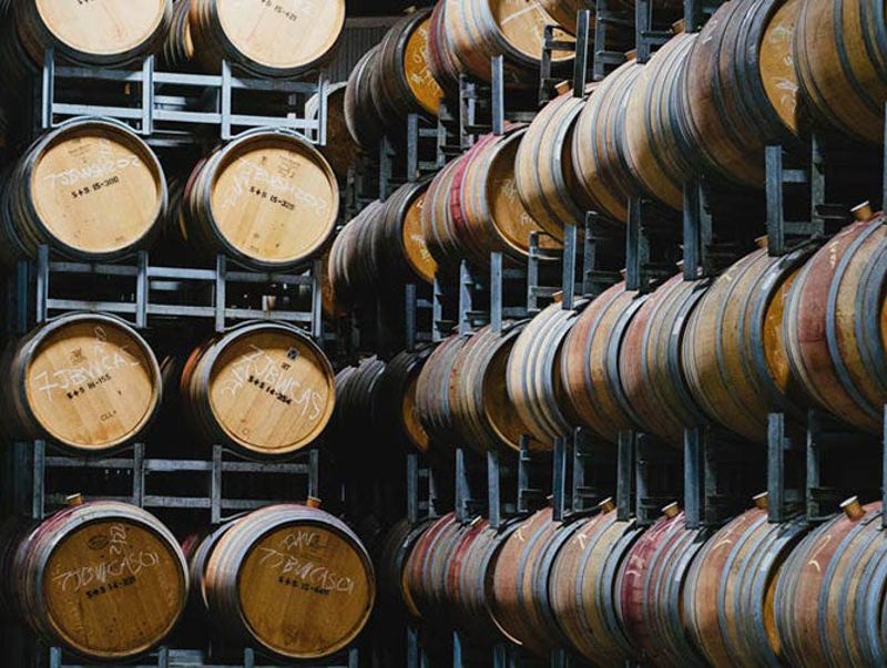 Stacked wine barrels