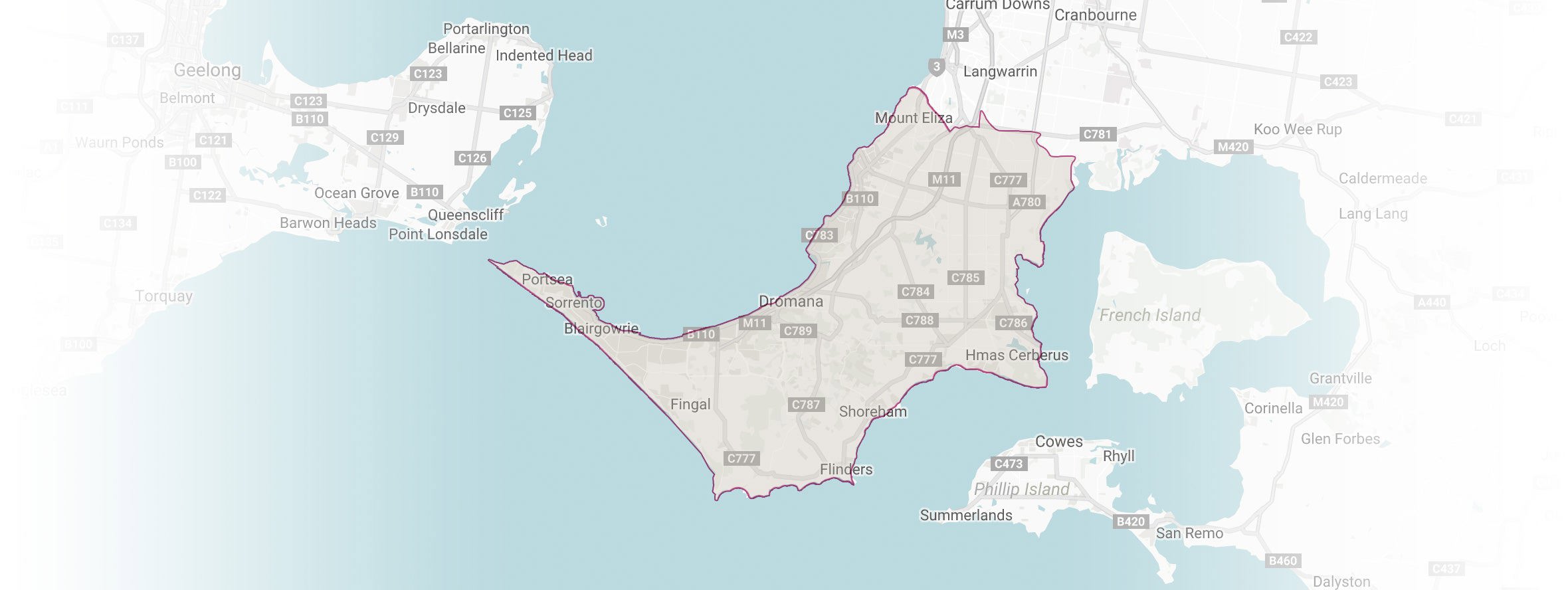 Map highlighting the Mornington Peninsula wine region