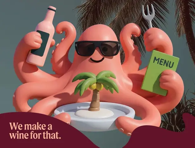a cartoon octopus holding a plate and a bottle of wine and a book