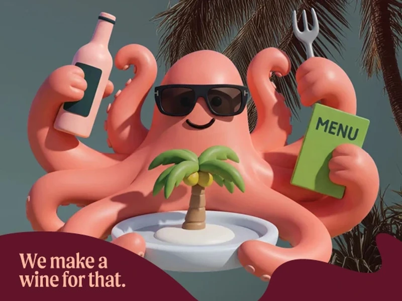 a cartoon octopus holding a plate and a bottle of wine and a book