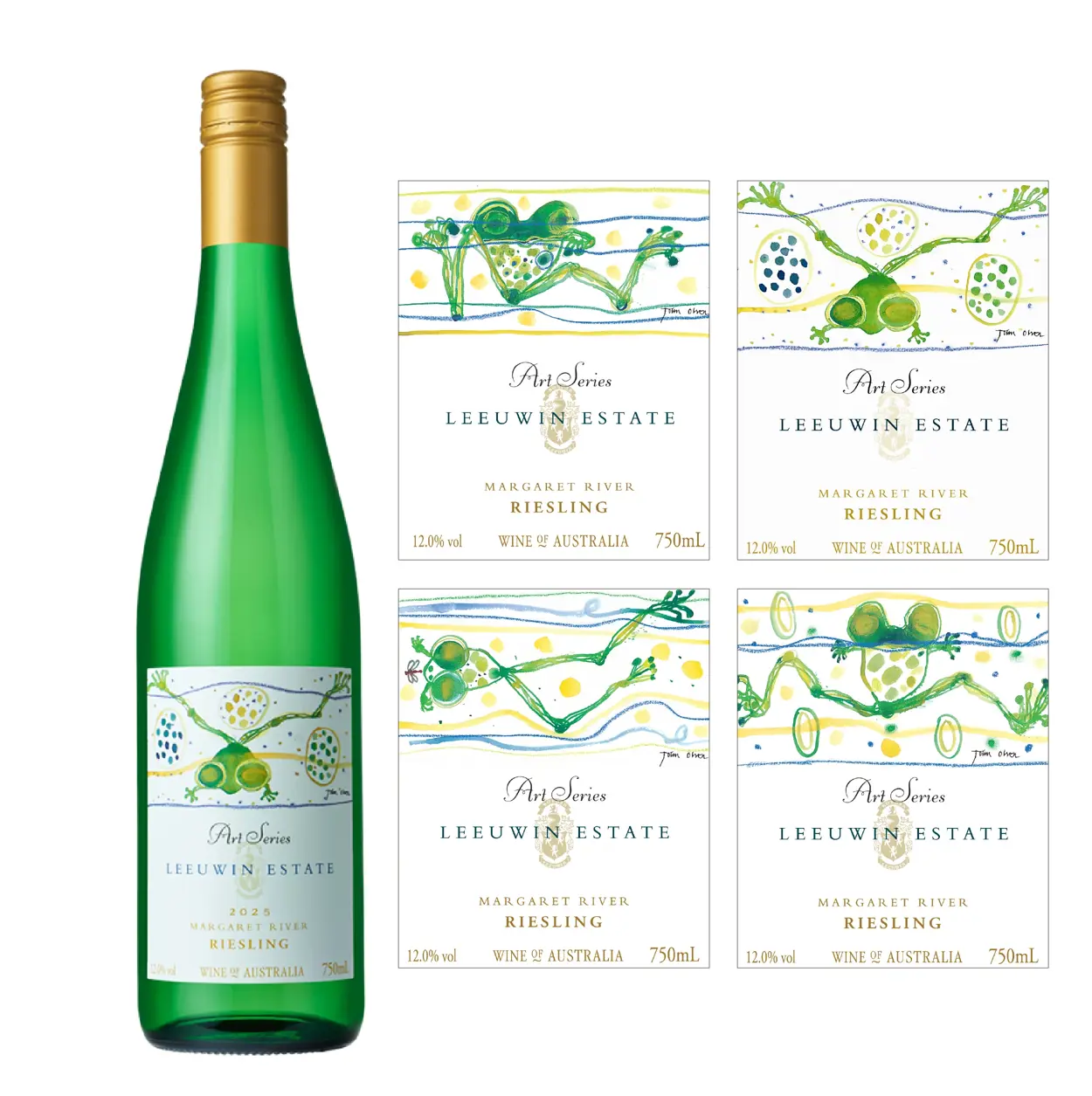 a bottle of wine next to several labels