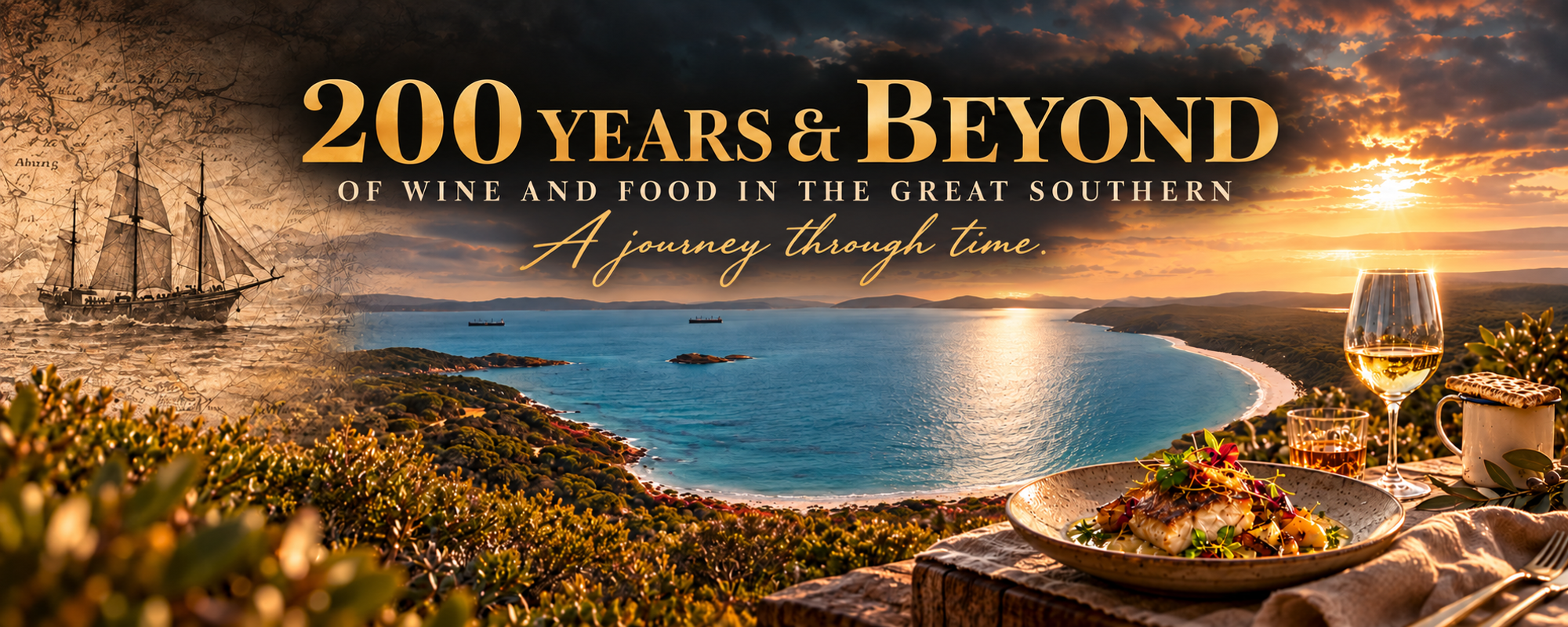 a plate of food on a table with a body of water and a sunset