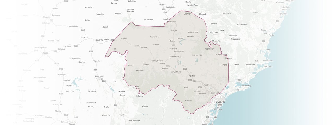 Map highlighting the Hunter Valley wine region