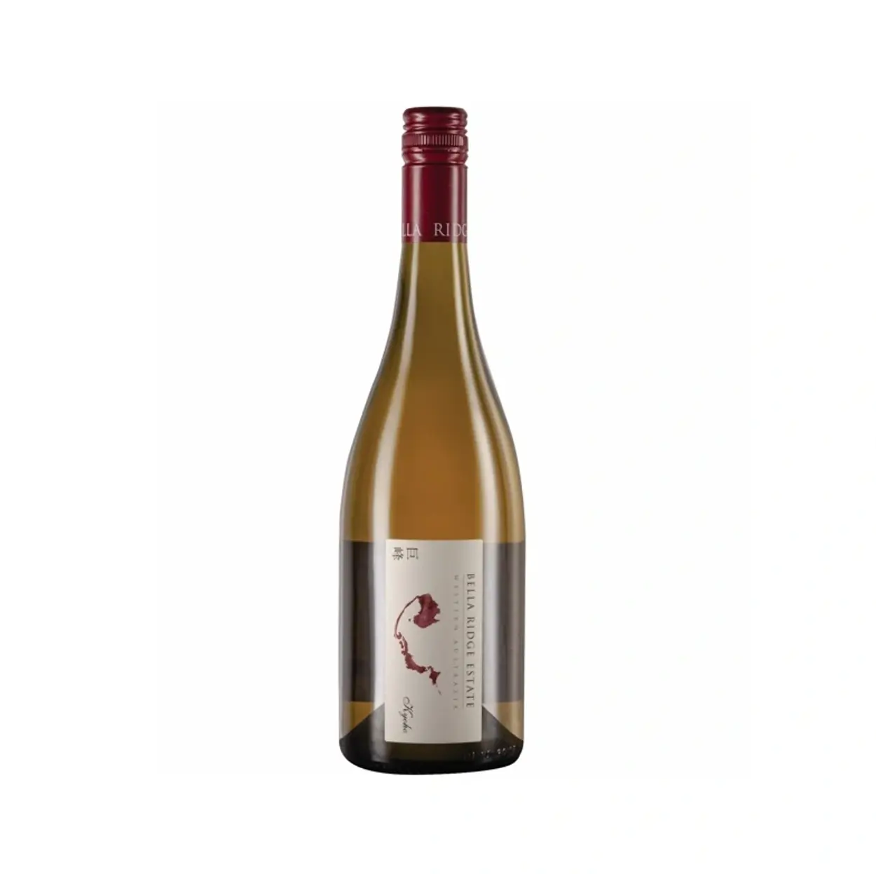 a bottle of wine with a red label