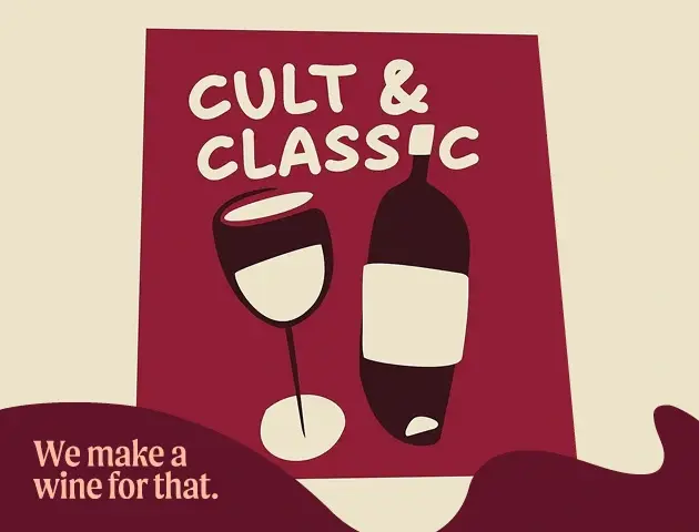 a red sign with a wine bottle and a glass