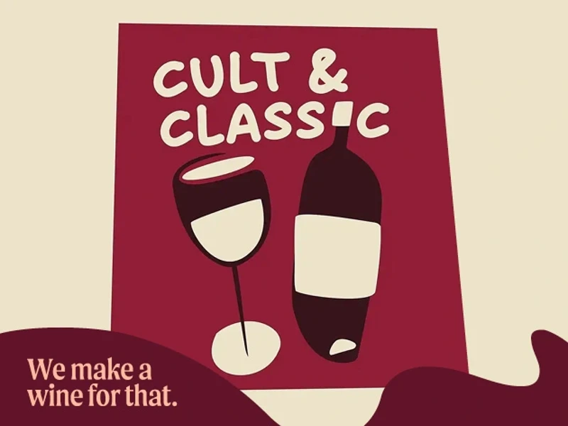 a red sign with a wine bottle and a glass