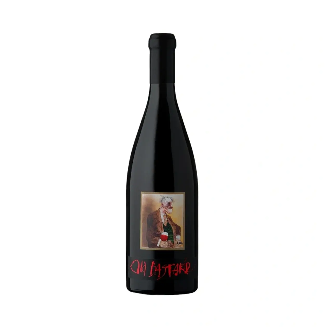 a bottle of wine with a picture of a man
