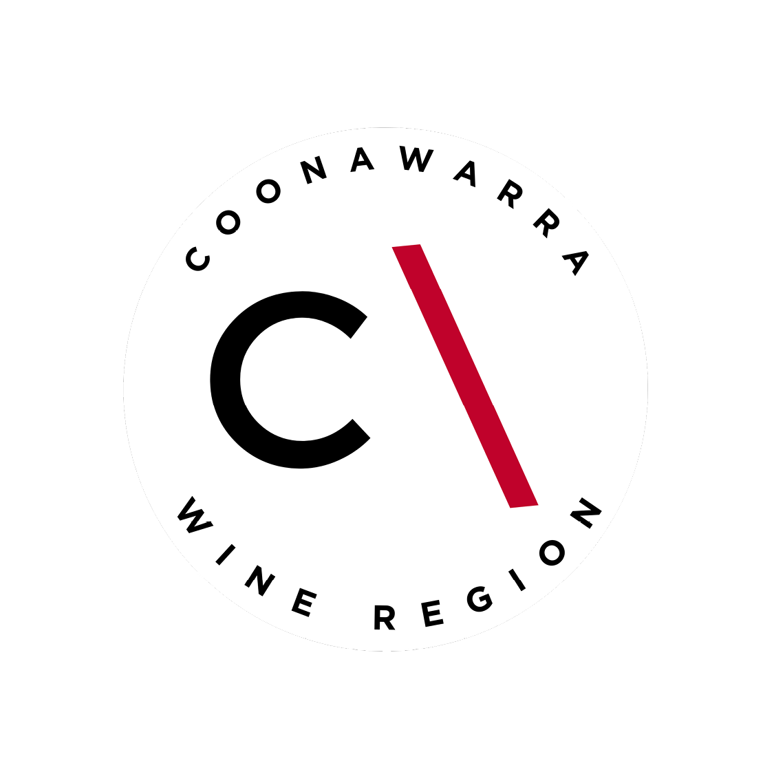 a white circle with black text and a red and black letter on it