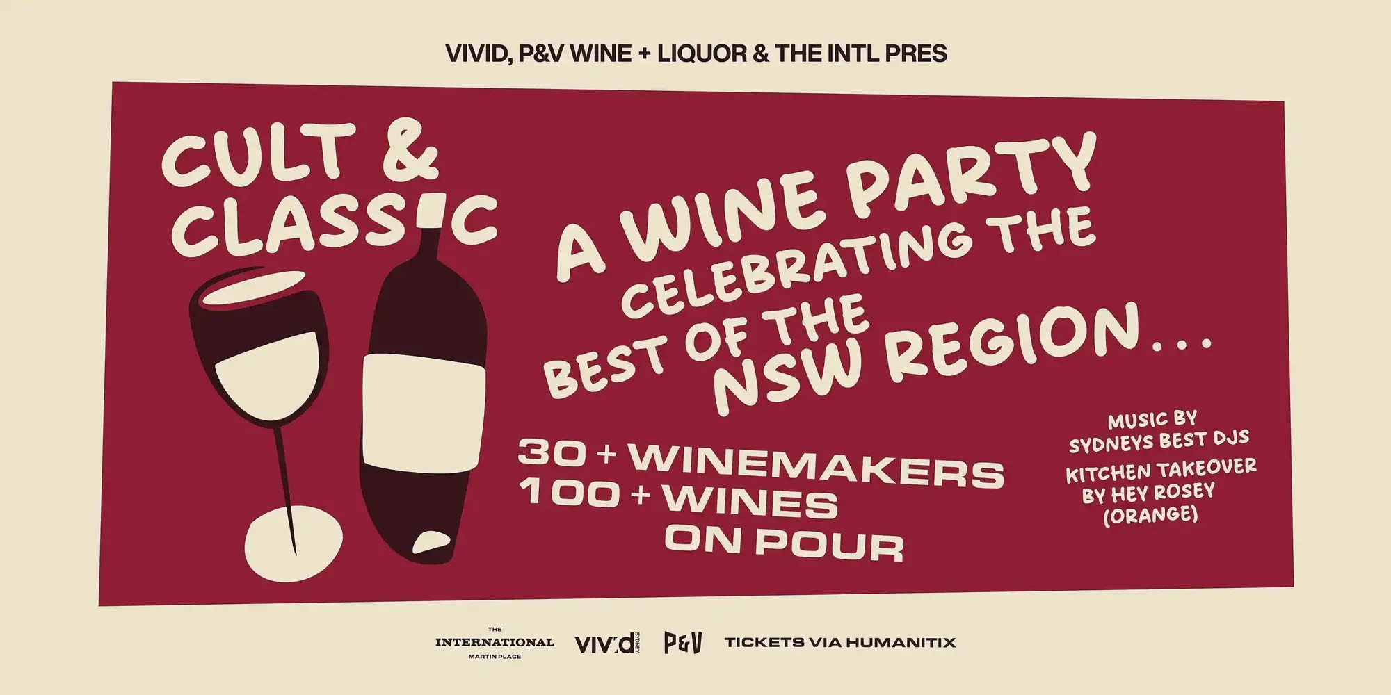 a red and white poster with a bottle of wine